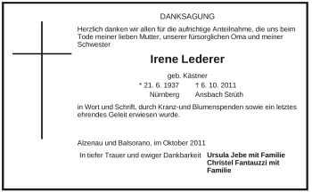 Traueranzeige von Irene Lederer von Pegnitz-Zeitung